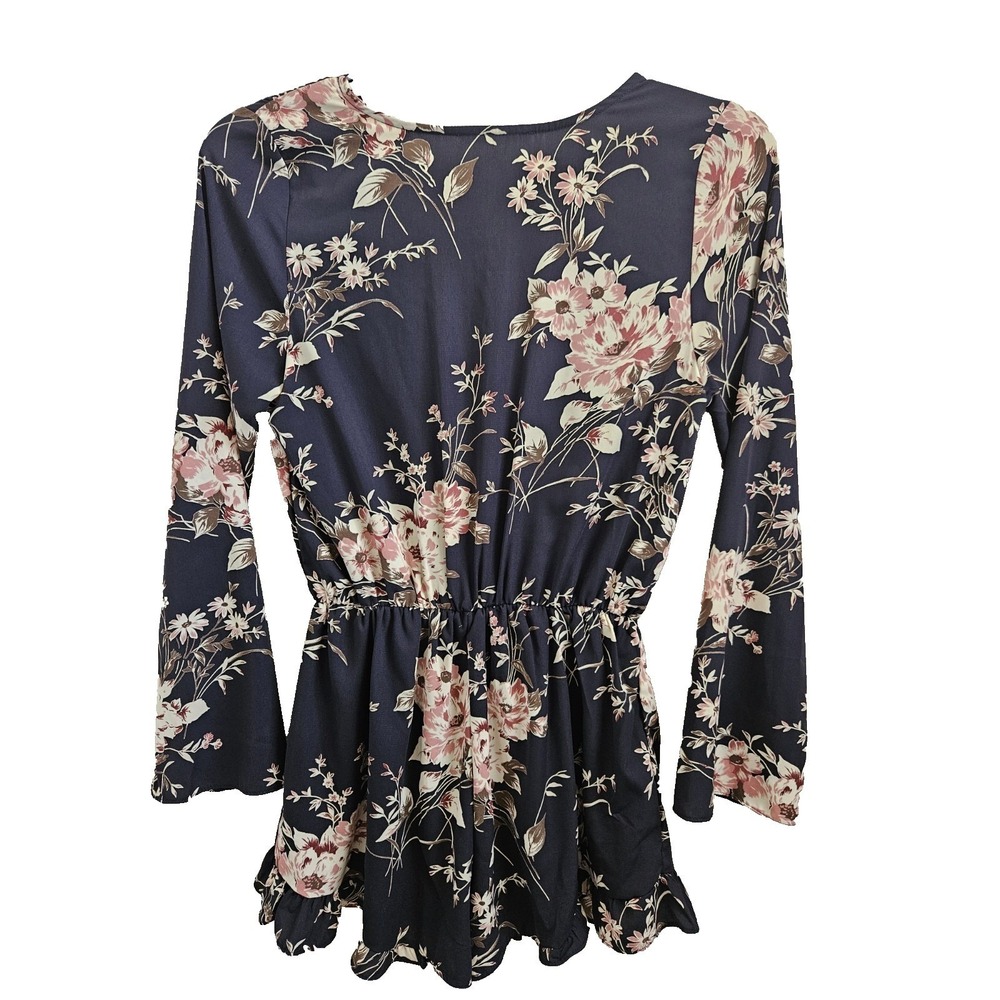 Garden Floral Navy Romper M Boho Dark Fairy Long Bell Sleeve‎ Ruffle Feminine - Picture 2 of 6